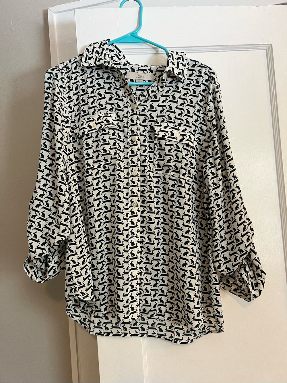 Unique LOFT Black and White Bunny Geometric Button-Down Shirt